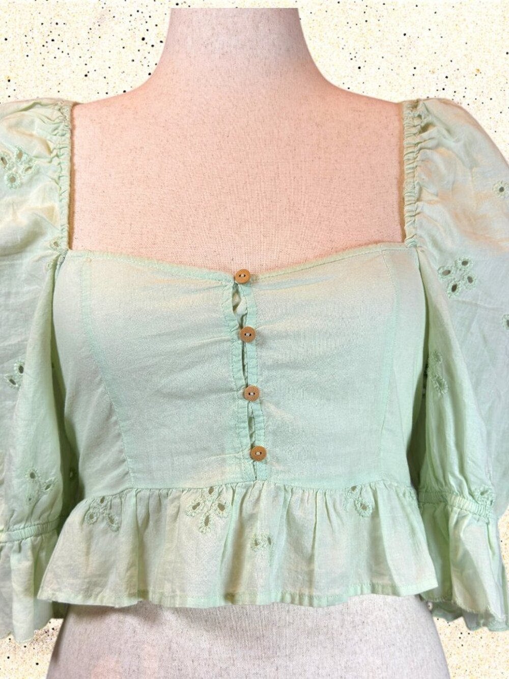 Zara Embroidered Eyelet Blouse Size M Puff Sleeve Cropped Top Mint Coquette